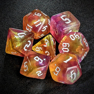 Glitter in Yellow & Pink Acrylic - 7pcs RPG Full Dice Set Top